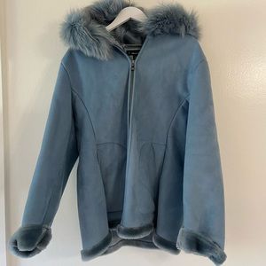 Vintage 1 Madison Jacket Fox Fur Suede Blue Hooded Coat Zip Up Fur Trim Lined